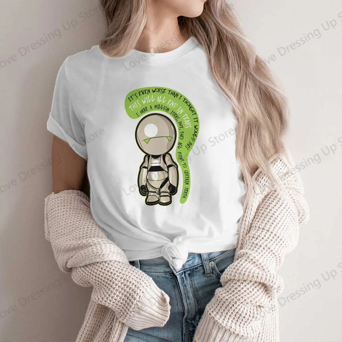 Marvin the pessimist robot Vintage O Neck Woman TShirt Marvin Harajuku Casual Short Sleeve Polyester T-Shirt Special