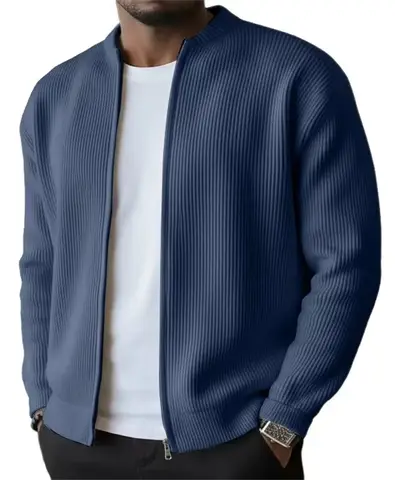 Men's Vertical Striped Knitted Zipper Jacket Stand-up Collar Long-sleeved Loose Cardigan Autumn Solid Color Casual Jacket