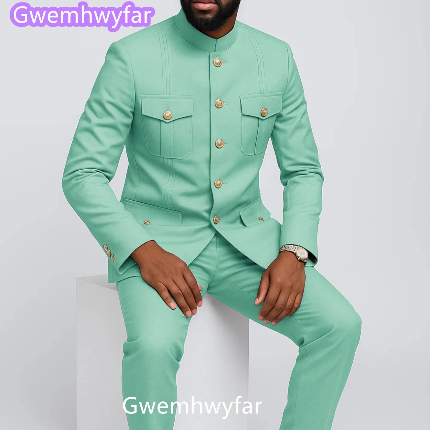 Gwenhwyfar السماء الزرقاء الرجال الدعاوى الصيف قصيرة الأكمام دعوى زر واحد الوقوف التلبيب سليم صالح حفلة موسيقية شارع العليا اليومية رجل غير رسمي مجموعة