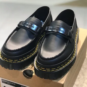 Dr.martens Bex 브랜드 메탈 로고 작은 가죽 신발 여성 호박 두꺼운 바닥 로퍼 신발 세련된 캐주얼 신발