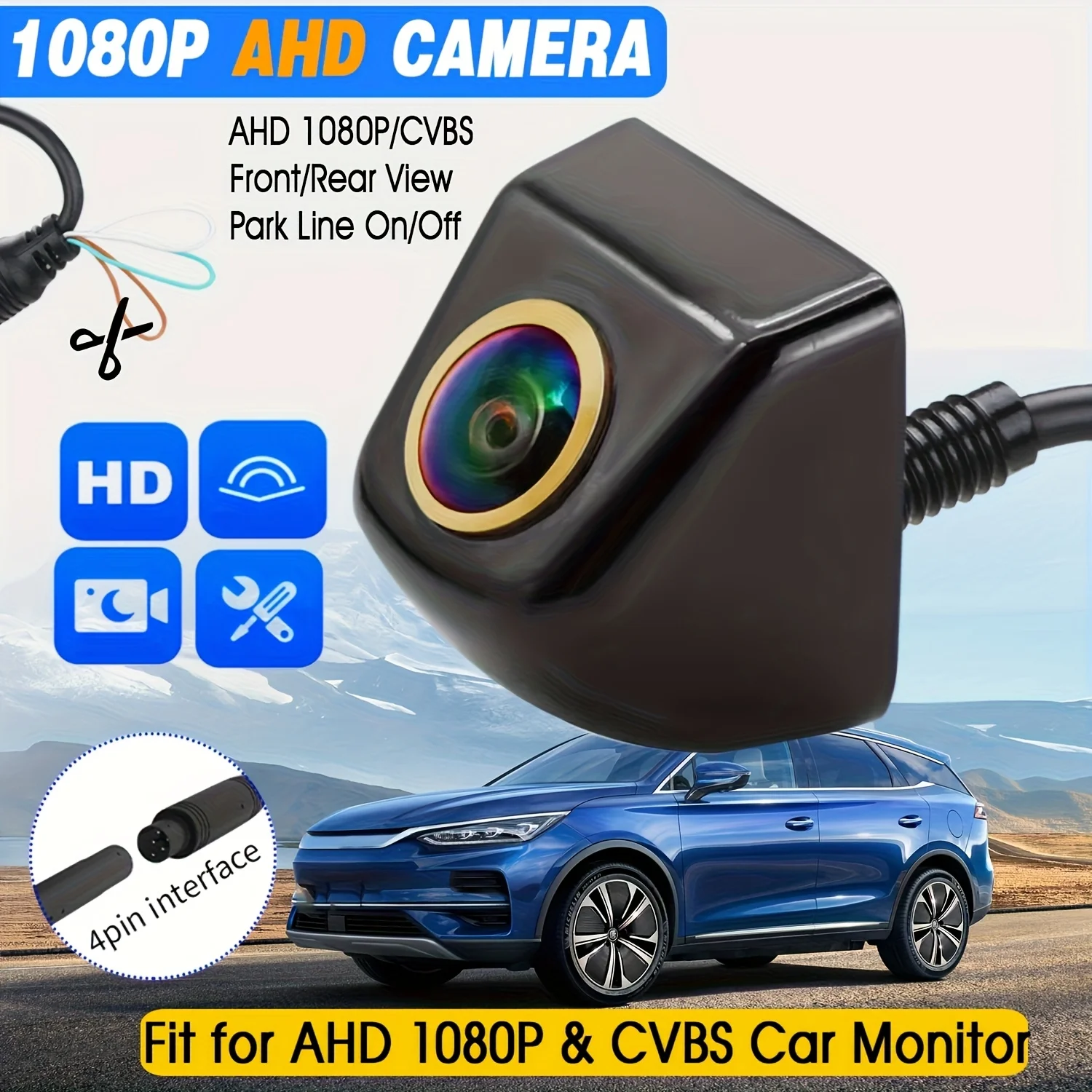 AHD 1080P Backup Camera with 170° Fisheye Golden Lens, AHD/CVBS Switchable, Parking Line On/Off, Front/Rear/Left/Right View