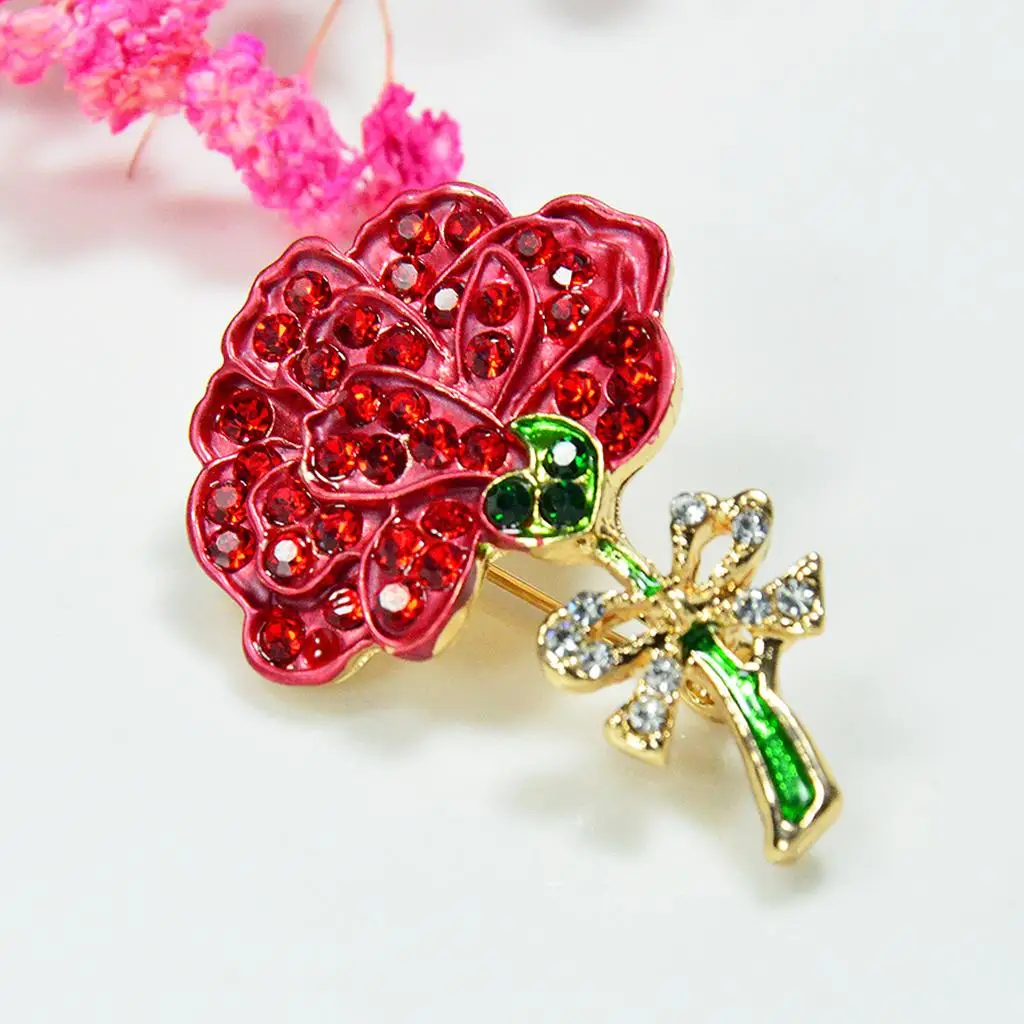 Carnation Crystal Flower Brooch Elegant Metal Lapel Pin Garment Decoration Badge for Mom Women Clothing