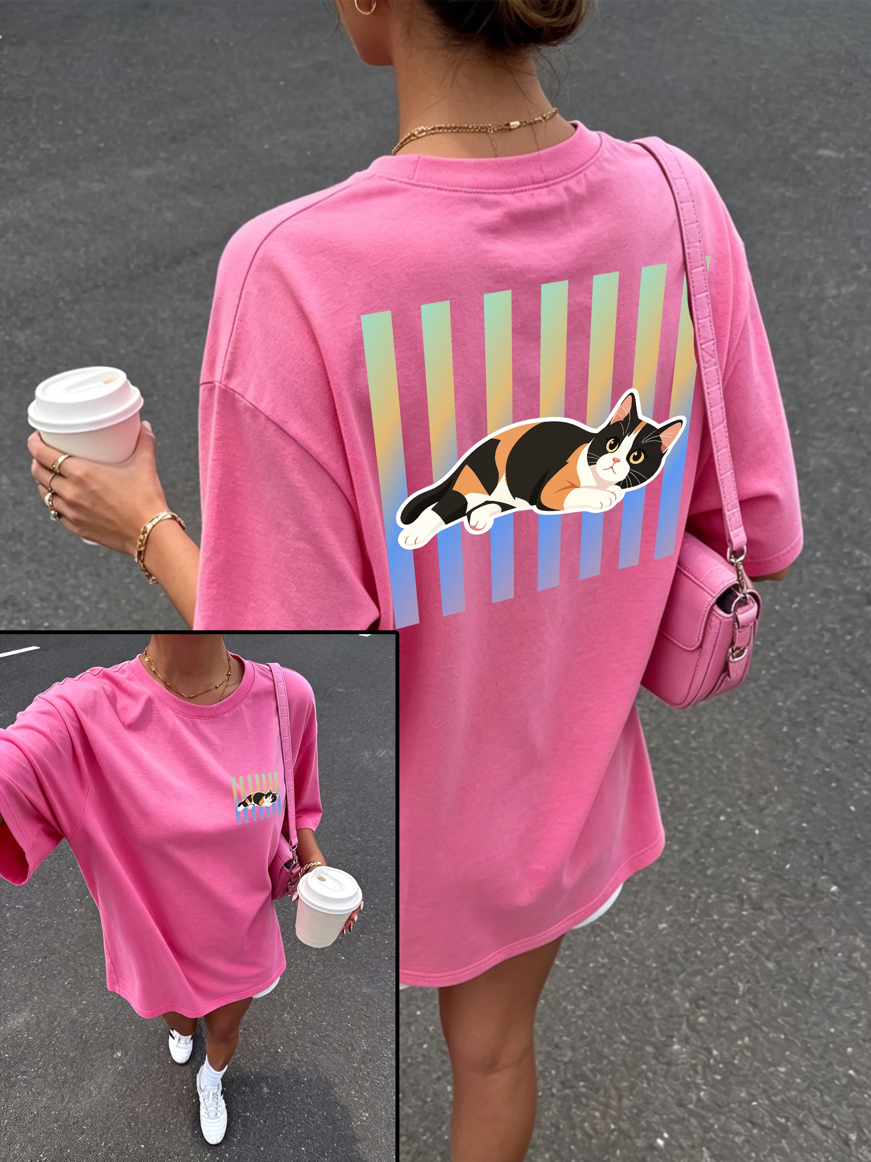 Calico Cat Lying Cute Print Women'S T-Shirt Oversized Cotton T Shirts Trendy Summer Short Sleeve Breathable Crewneck Streetwear
