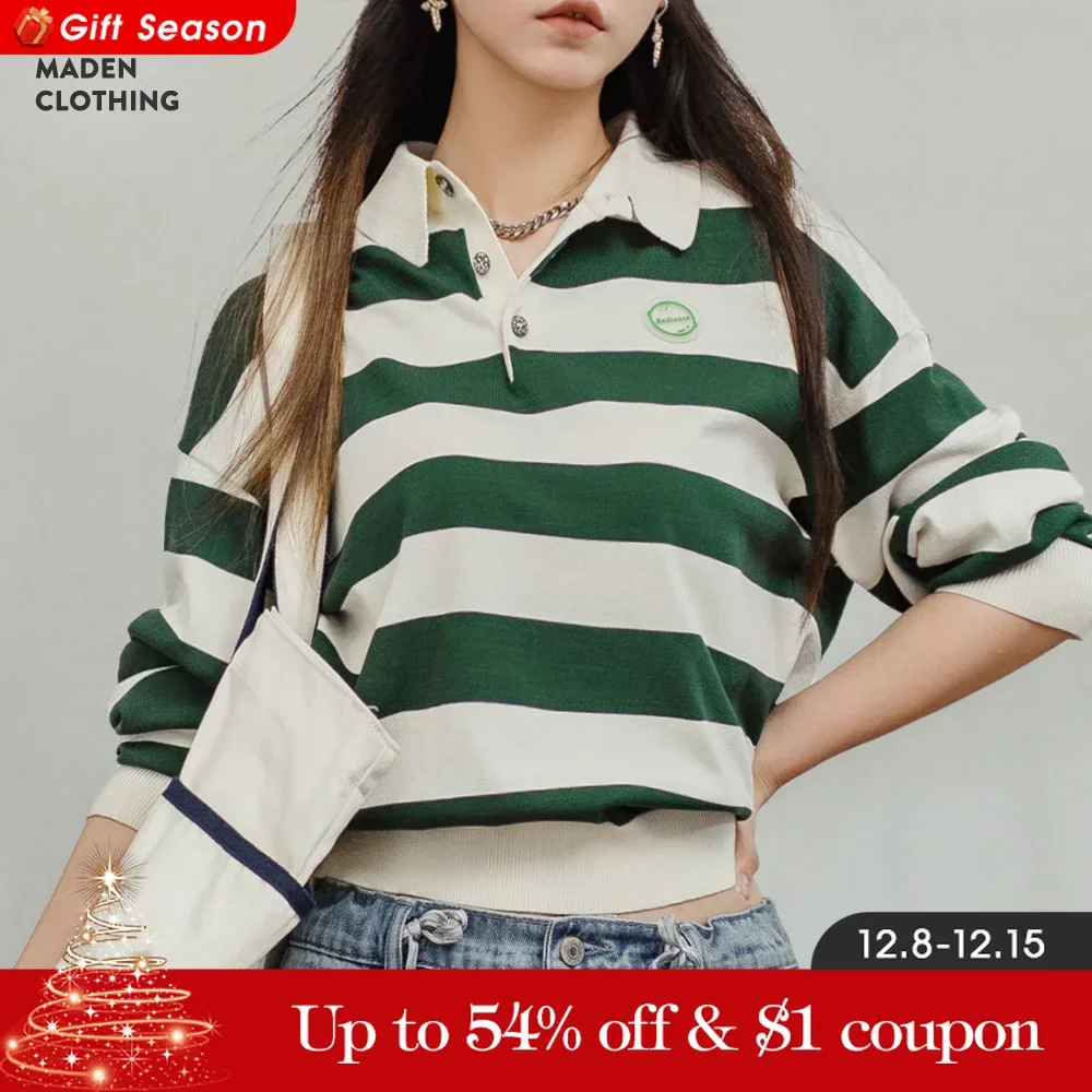 Maden Retro Classic White and Green Color Blocking Striped Polo Shirt for Women Autumn Long-sleeved T-shirt Loose Casual Tops