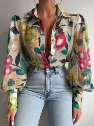 Vintage Floral Print Blouse Women Turn-down Collar Lantern Sleeve Shirt Elegant Boho Beach Streetwear Summer Outfits Female Tops