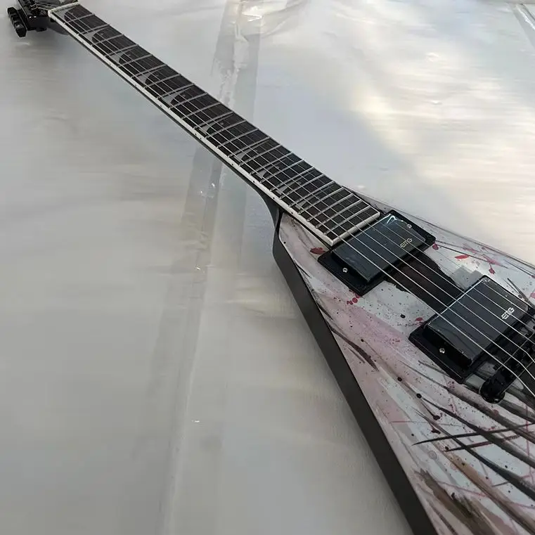 Factory Custom V-Shaped Electric Guitar with Splatter Finish, 24-Fret Dual Pickups, Metal Rock Performance Exotic Electric Guitar