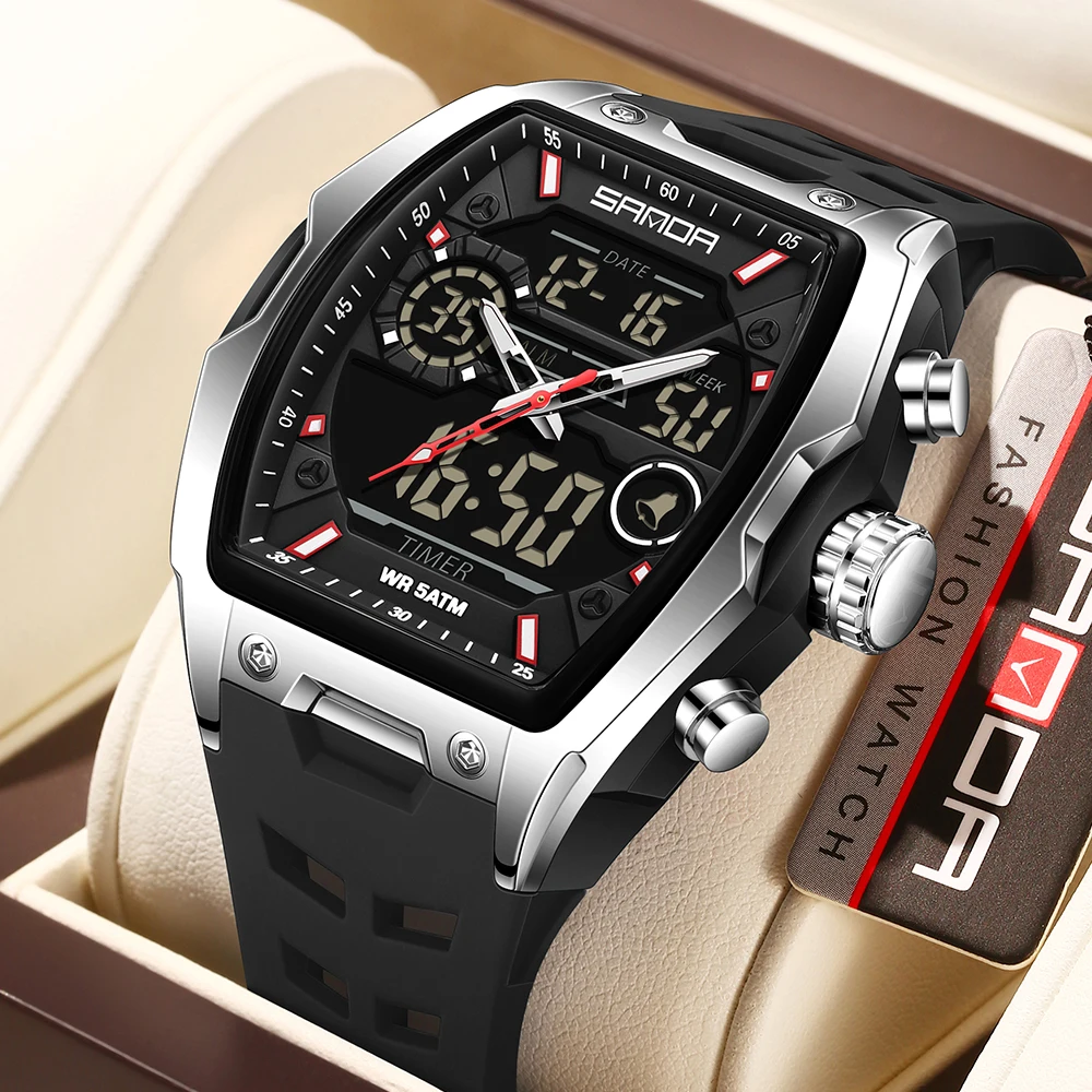SANDA Business Men Clock Waterproof Digital Calendar Chronograph Man Watch Tonneau Dial Luminous Quartz Men's Watches Reloj