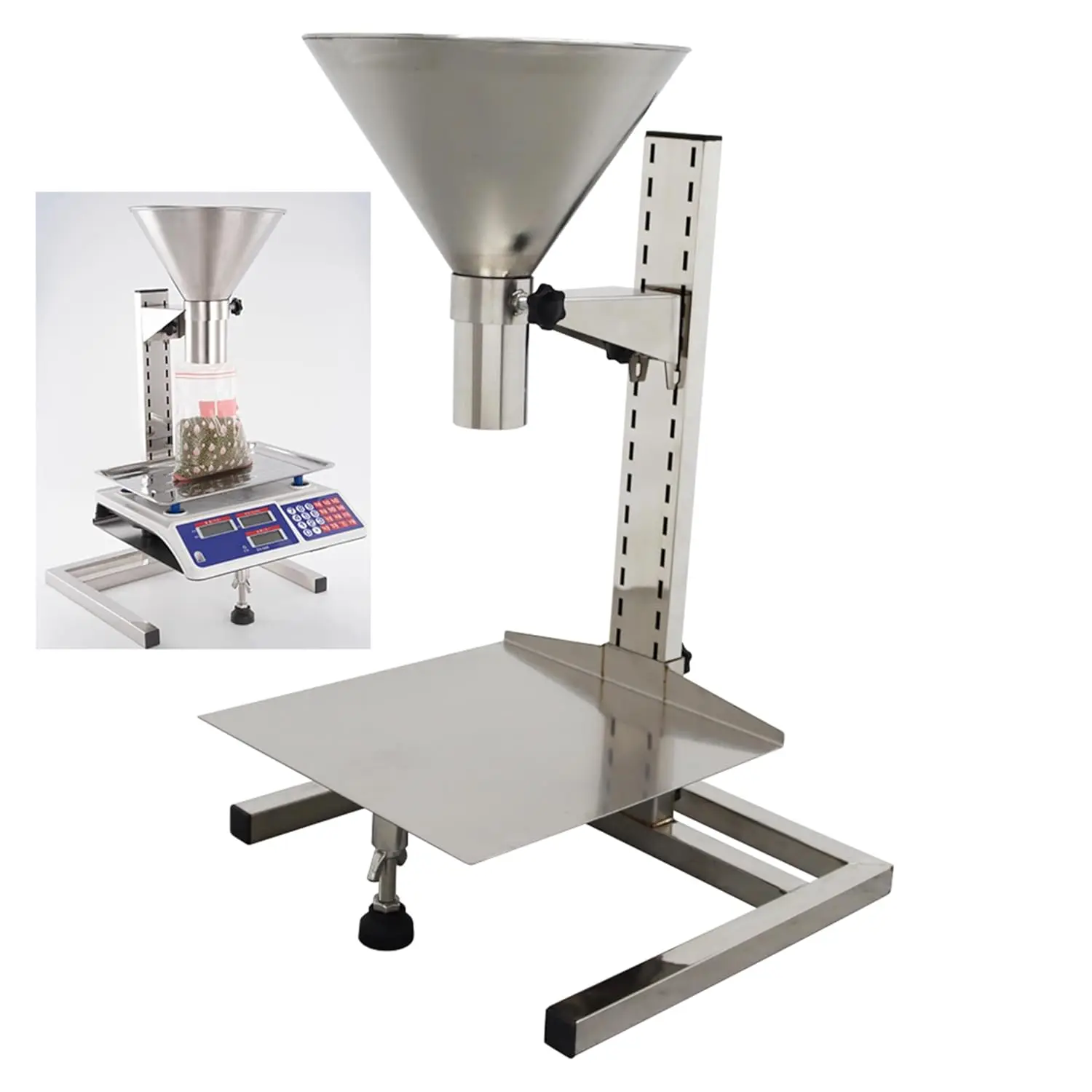 

Stainless Steel Feeding Hopper with Support Stand Manual Filling Package Funnel Under Funnel Diameter 1.5inch