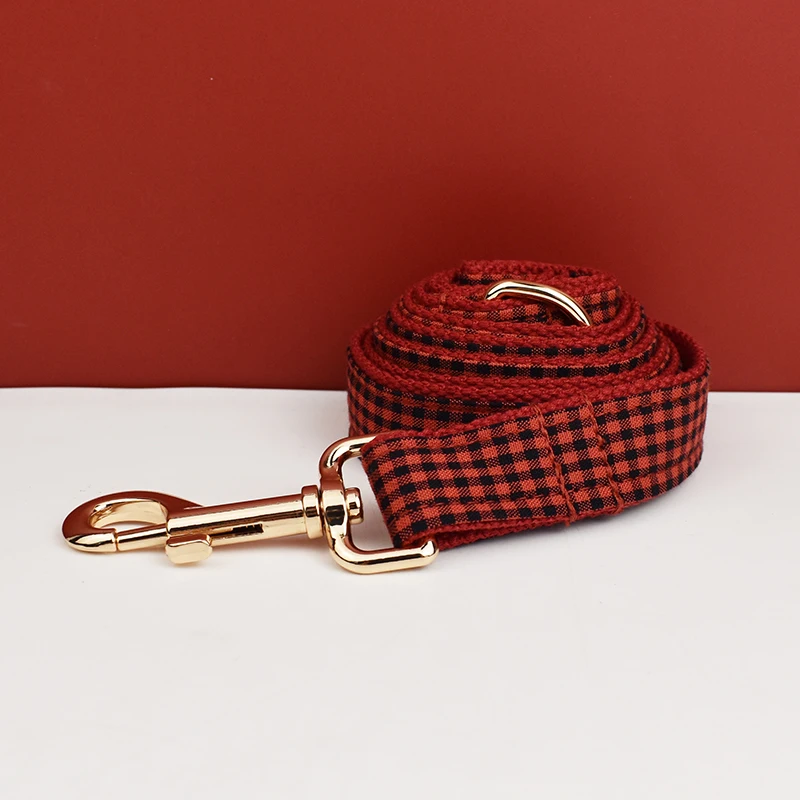 New Arrival Customized Designer Logo Gray lattice on Soft Cotton Dog Collar Leashes Harness Poo Bag Holder Bow Set Grid04