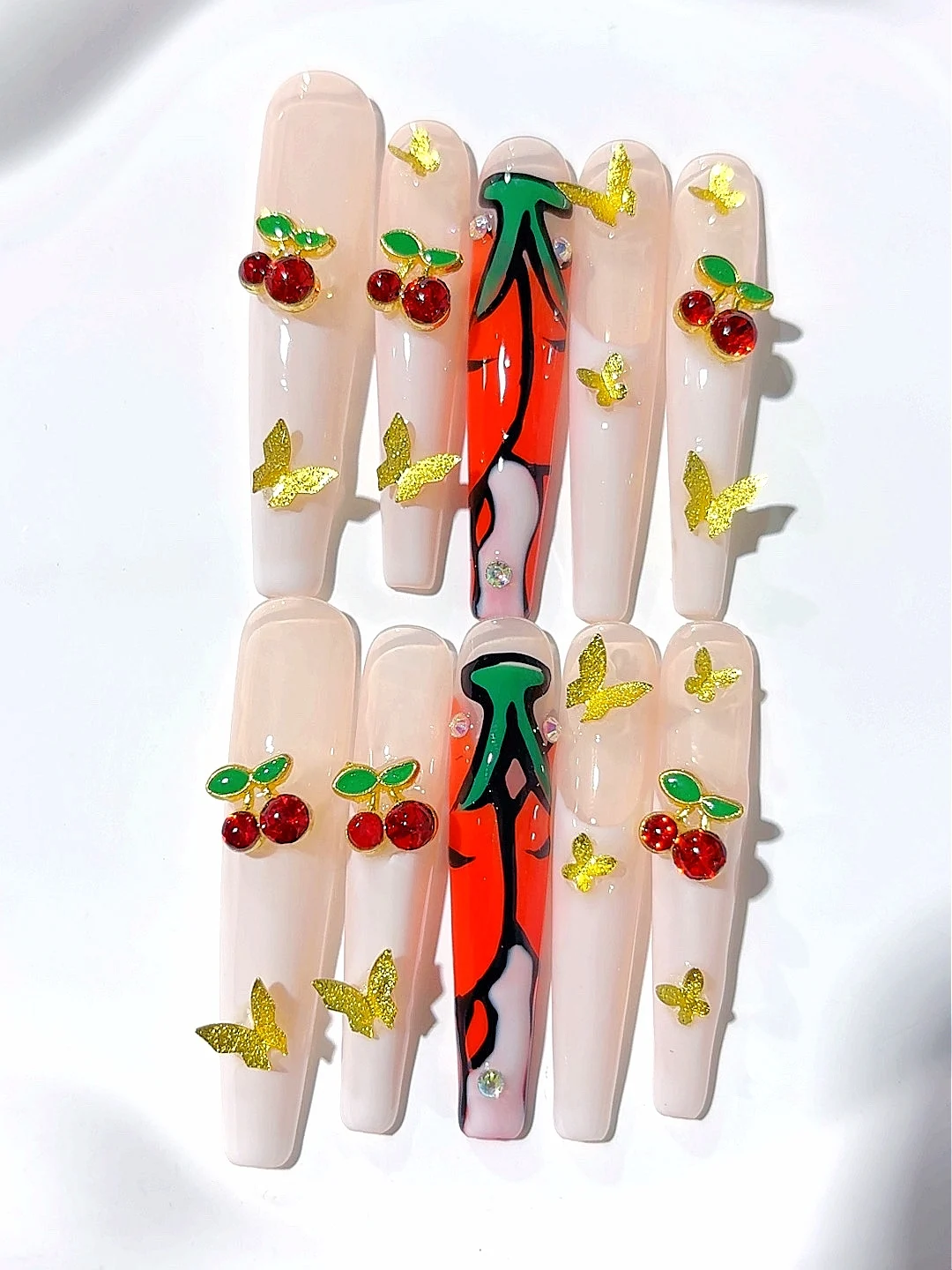 

Cherry Butterfly Long Ladder Style Fashion Nail Art (M066)