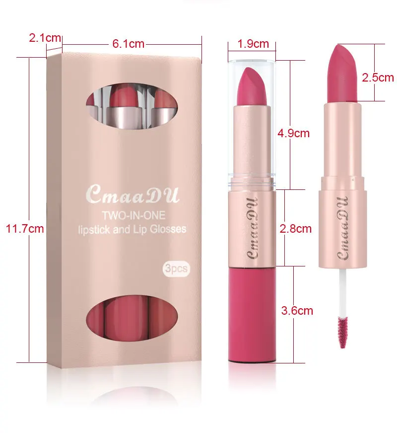 3 Farben/Set Lippenstift, sexy Lipgloss, 2-in-1-Lippentönung, wasserfest, langlebig, feuchtigkeitsspendend, rote Lippen, mattes Lippenstift-Make-up für Frauen