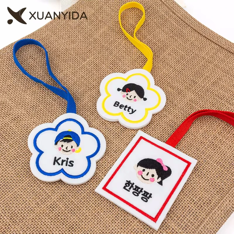 Custom Embroidery Kids Name Tag Strap Keyring School bag Tags Customized Handmade Clothing Fabric Keychain Kindergarten Pendant