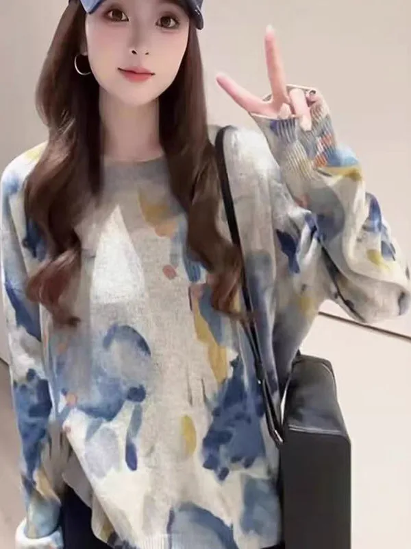 

Blue Watercolor Spill round Ne Knitted Sweater Women's New Sle ular Early Autumn Faionable Top Warm Long Sve Knit...