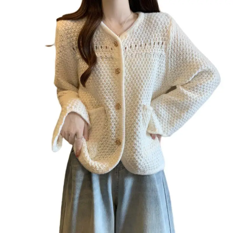 2023 New Women\'s Clothing Long Sleeve V-Neck Knitted Loose Casual All-match Solid Color Button Spliced Sweaters Cardigan