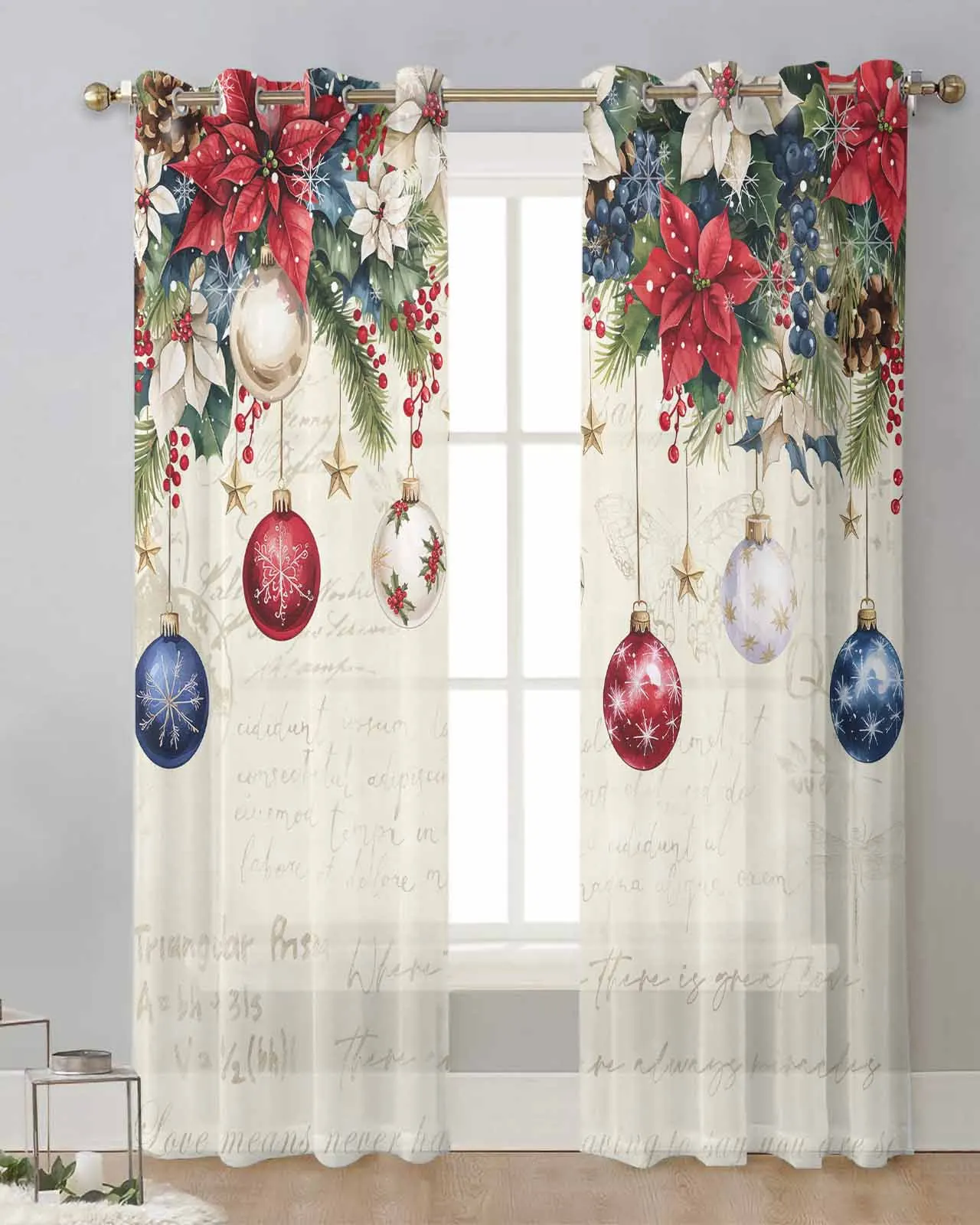 Bola de Navidad copos de nieve Poinsettia cortinas transparentes para decoración de sala de estar cortinas de ventana cocina cortinas de gasa de tul