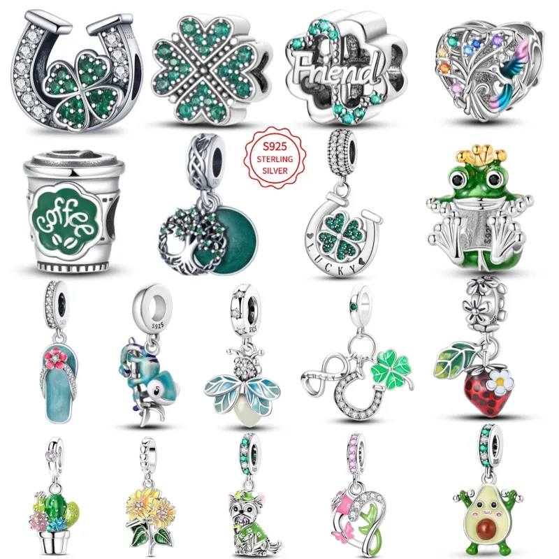 925 Sterling Silver Green Four-Leaf Clover Beaded Pendant, Compatible with Original Bracelet, DIY Jewelry Gift for Women