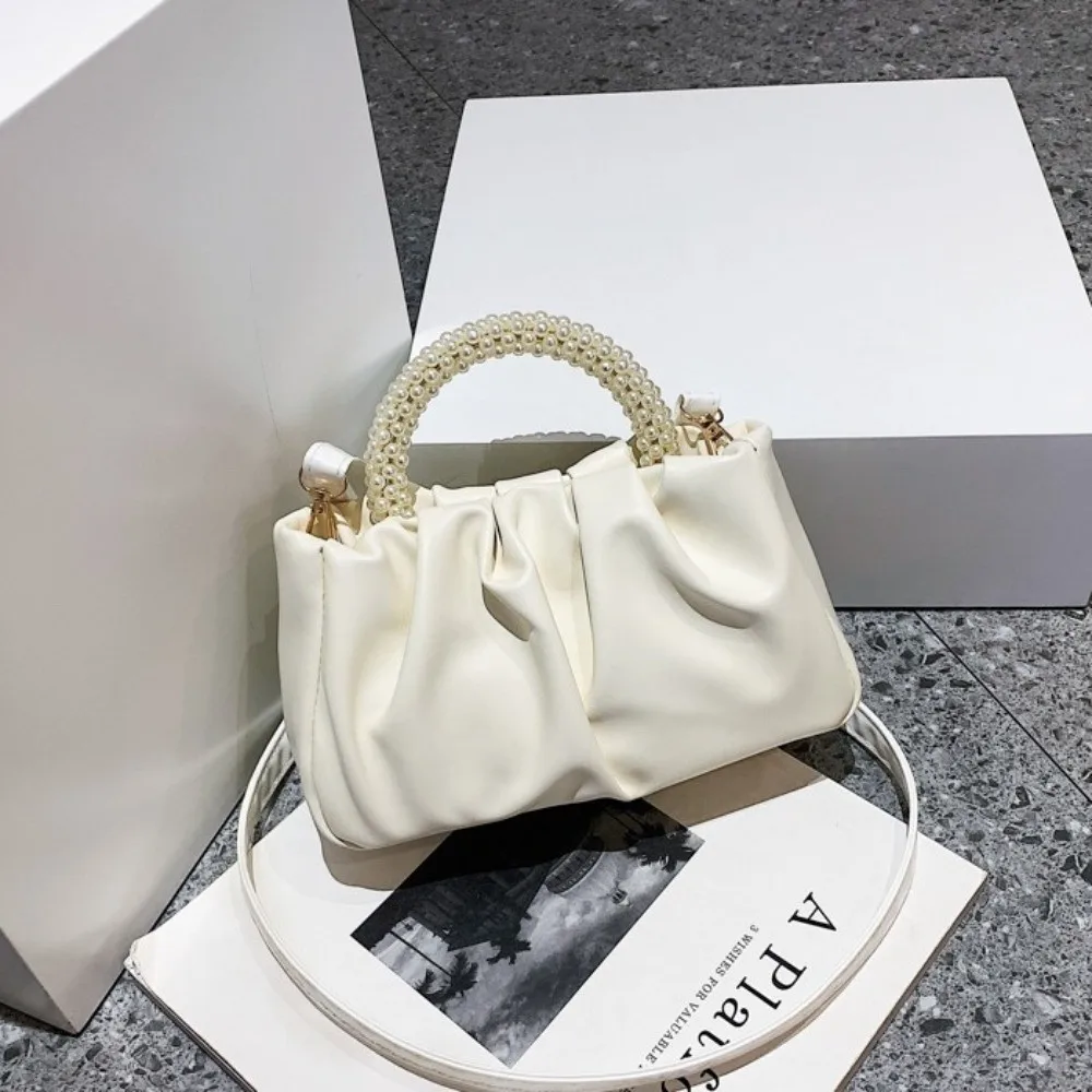 

Dumpling Bag Korean PU Cloud Bag Solid Color Imitation Pearl PU Leather Pearl Handbag Wrinkled PU Leather Crossbody Bag Women