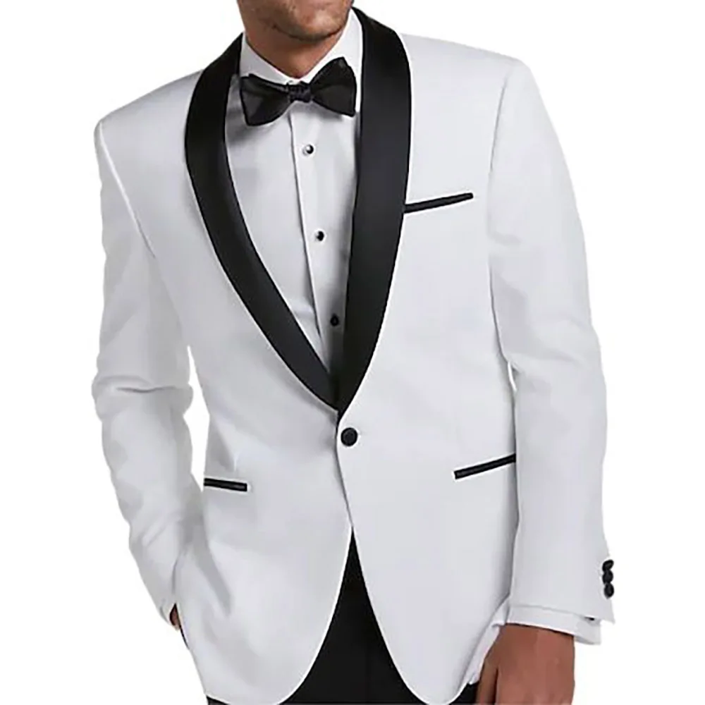 White One Button Men's Suits Elegant Wedding White Jacket 1 Piece Black Shawl Lapel Slim Fit Coat Luxury Male Clothing Blazer