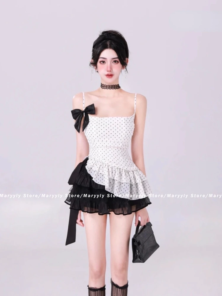 Summer Japanese Sweet 2 Piece Set Women Kawaii Slim Bow Polka Dot Sling Tops + Cute High Waist Mini Cake Skirts Korean Fashion