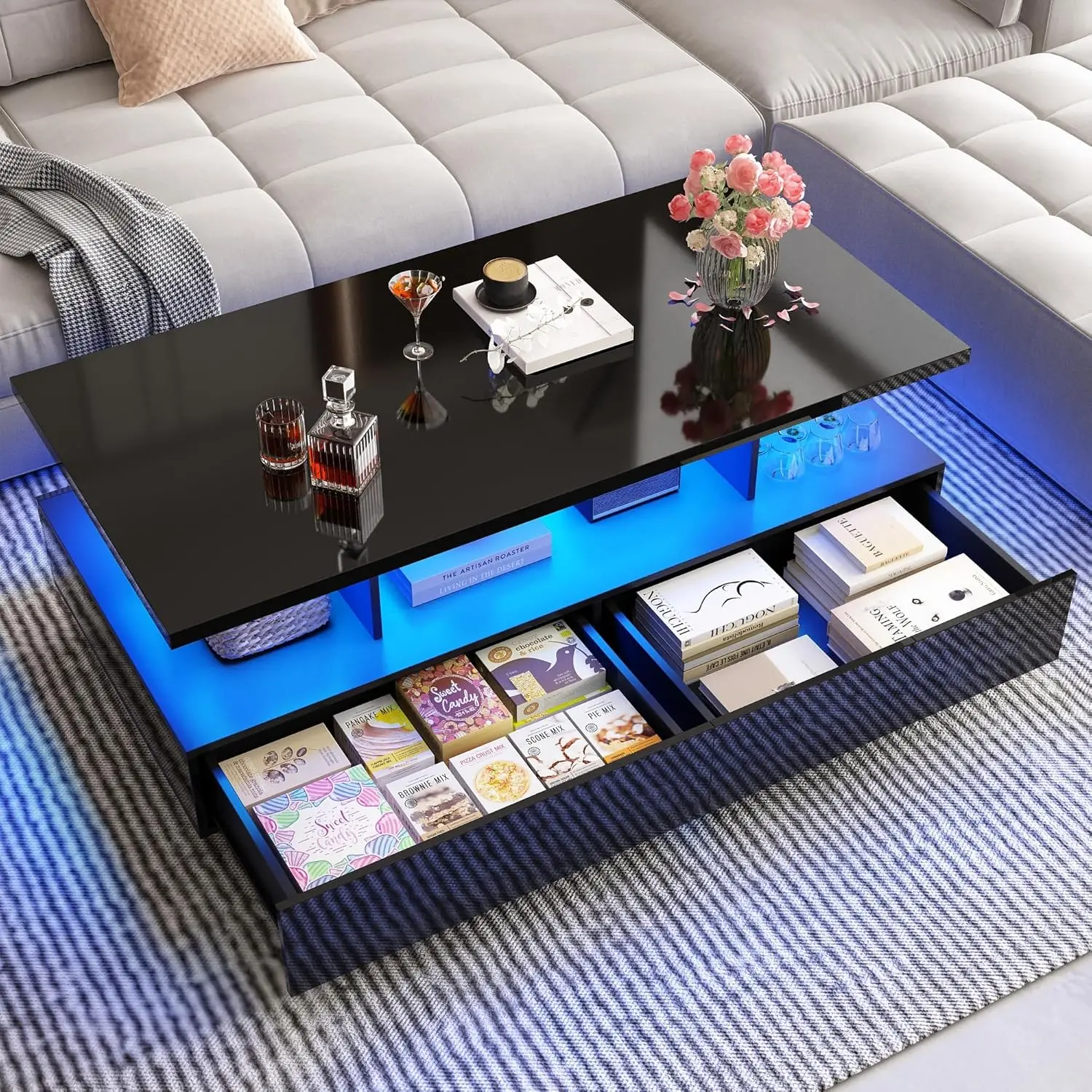 

LED Coffee Table w/ 2 Storage Drawers,App Control,High Glossy Modern Black Coffee Table w/60,000-Color Lights,Rectangle 2-Tier
