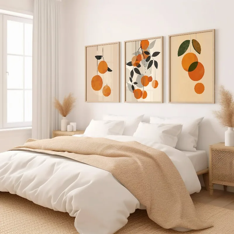 Modern Abstract Orange Poster Set of 3, Fruit Wall Art, Minimalist Botanical Prints, Boho Kitchen Art, Citrus Fruit Decor