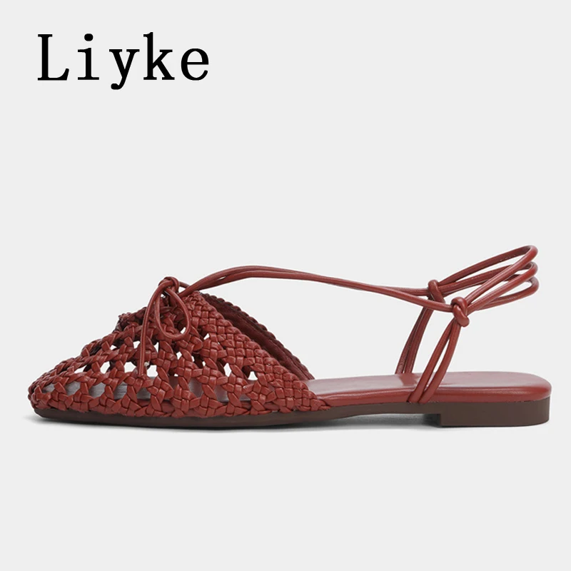 

Liyke Summer Fashion Hollow Out Weave Square Toe Butterfly Knot Designer Sandals Women Flat Shoes Casual Beach Gladiator Sandal