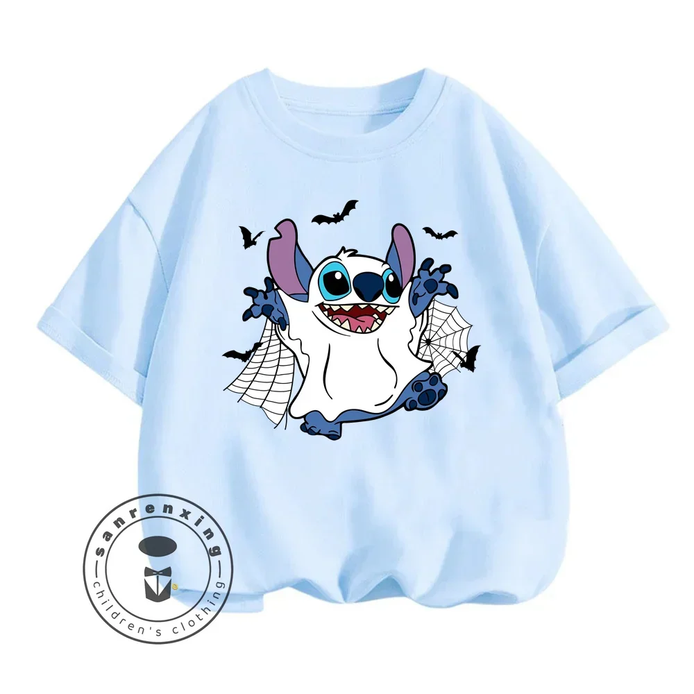 

Boys and Girls 3-14 Years Old Summer Stitch Animation Cute Cartoon Character Print Design O-neck Skin-friendly Short Sleeved