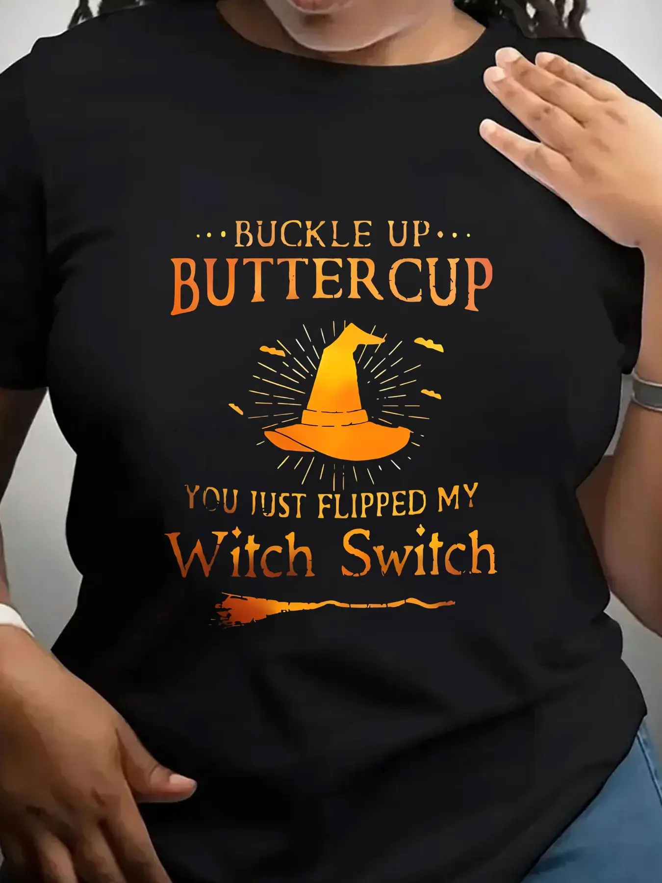 Women's Trendy Crew Neck T-Shirt Buckle up Buttercup Witch Switch Suitable for Casual Sportswear