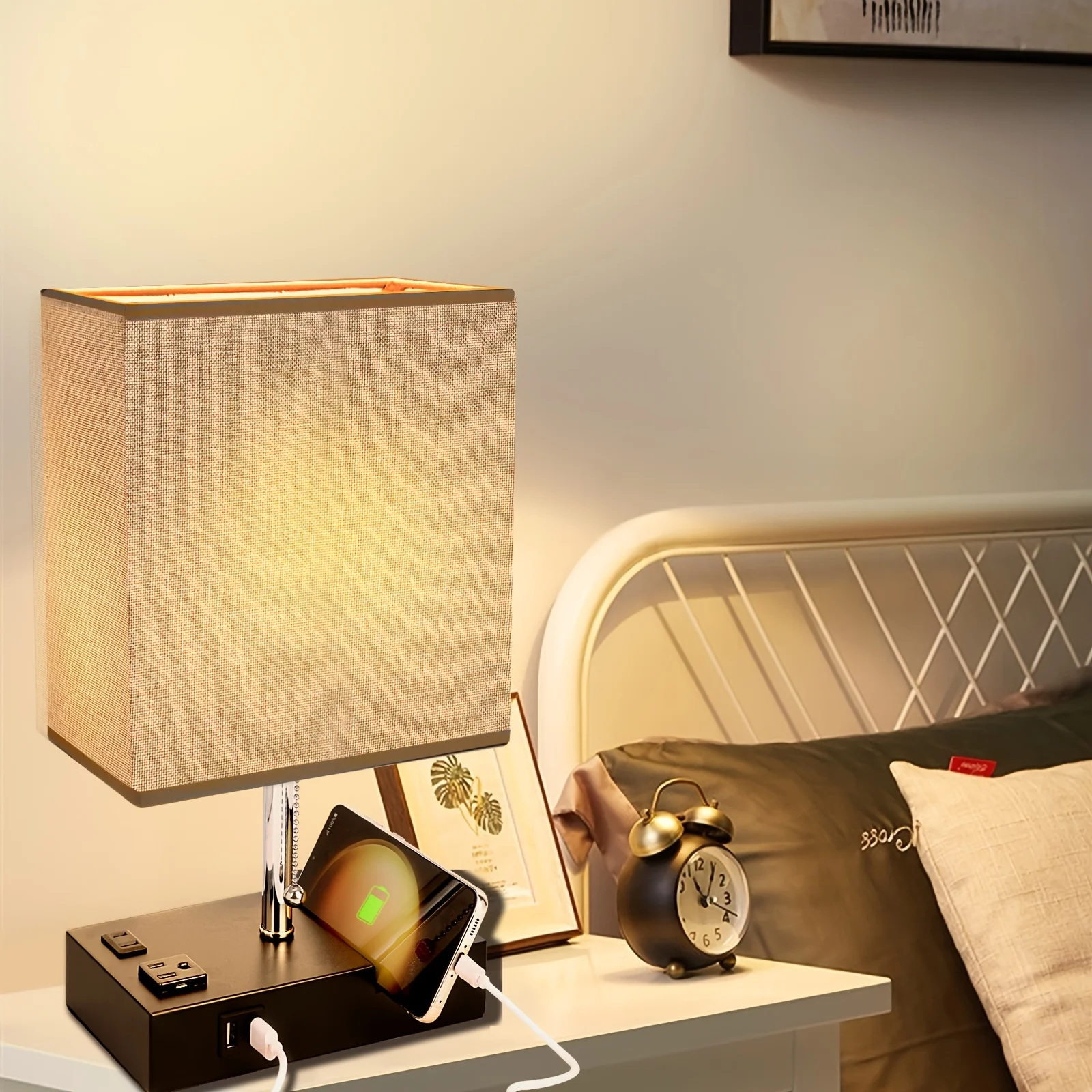 

3-Color Temperature Bedside Lamp with USB Charging Nightstand Lamp for Bedroom Living Room Office Desk Lamp with Phone Stand