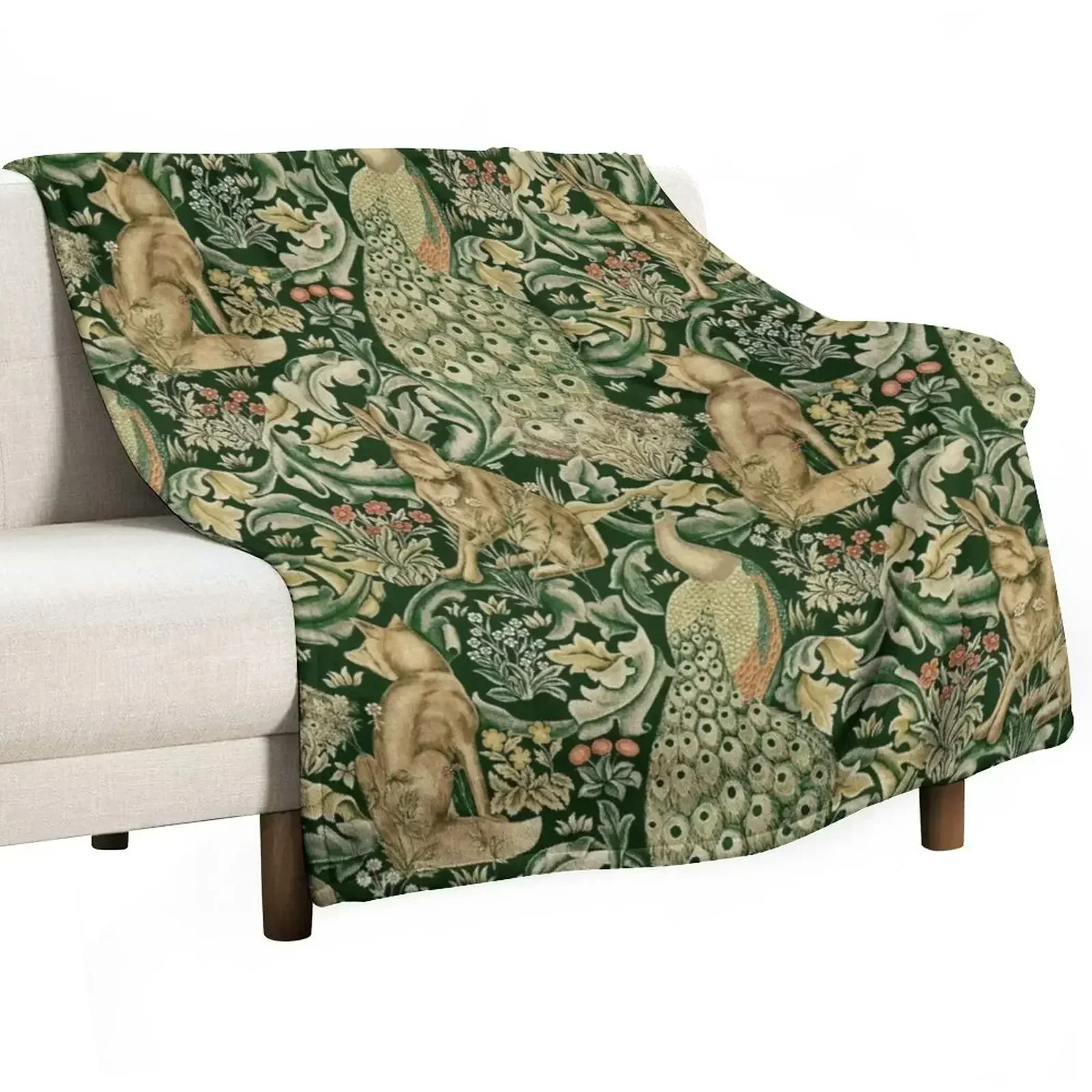 GREEN FOREST ANIMALS ,PEACOCKS, FOX AND HARE Throw Blanket Flannel Sofa Quilt Blankets