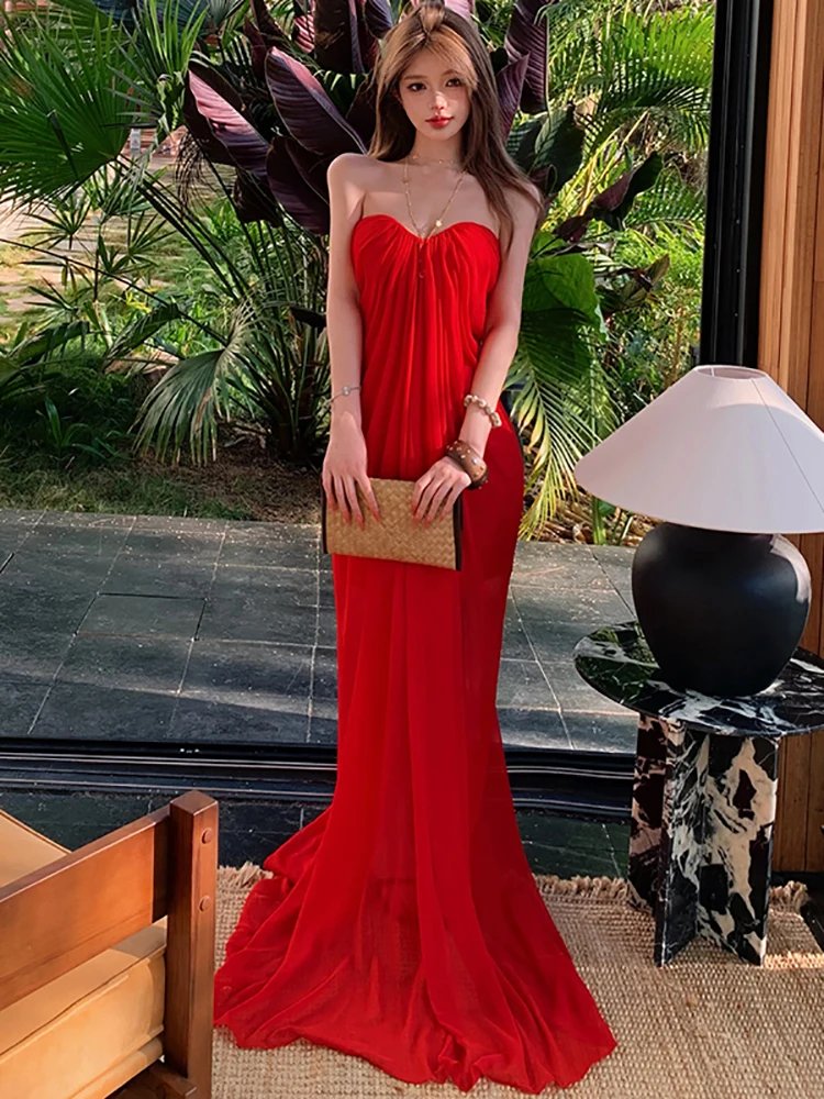 Summer Red Bandage Bodycon Chest Wrapping Dress Women Korean Vintage Luxury Dress Gown 2026 Elgant Festival Party Evening Dress