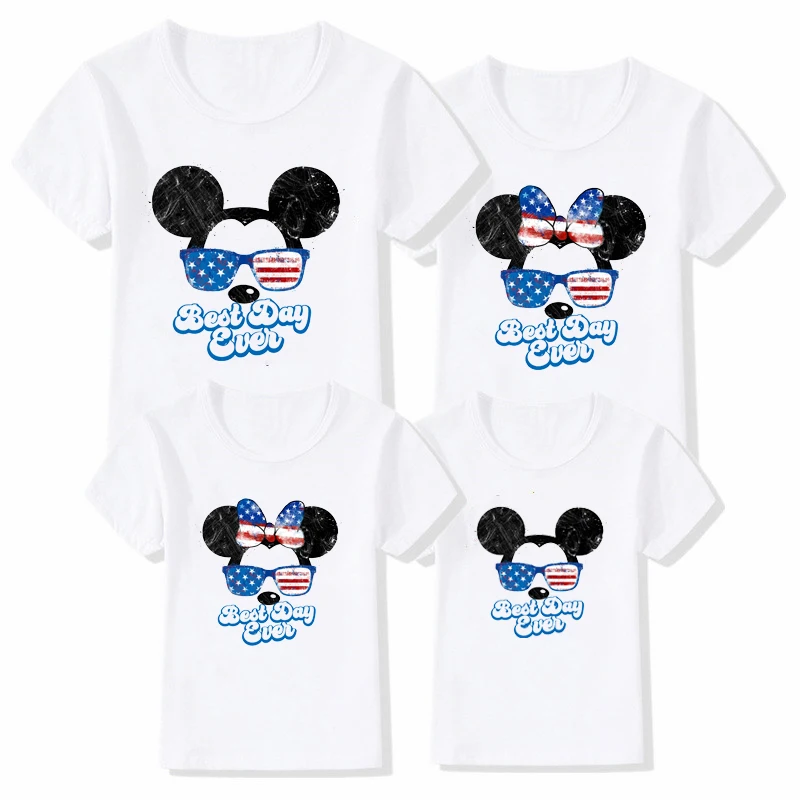 4th of July Disney Mickey Minnie Mouse Family Matching Outfits White Short Sleeve Best Day Ever Print Family Look Shirt Clothes