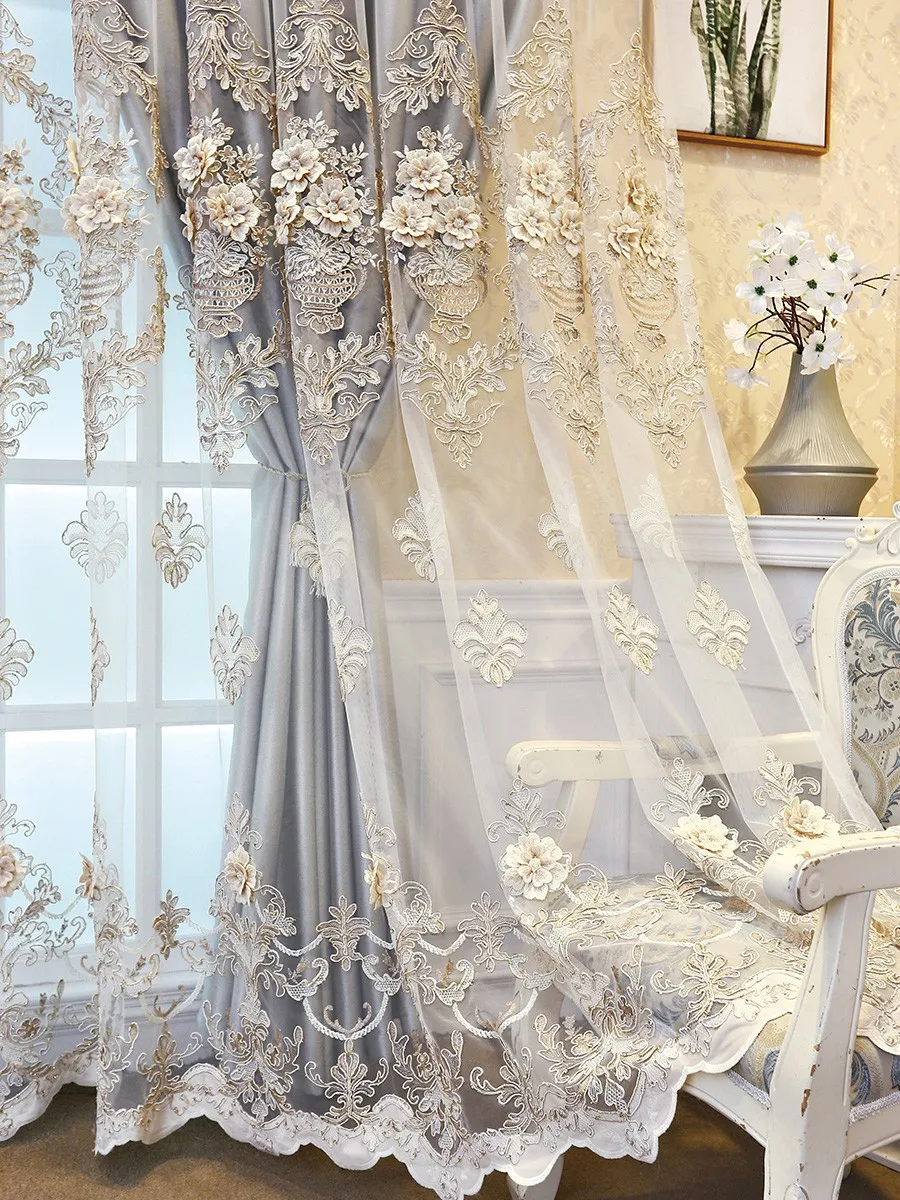 European Style Korean Double Layer Curtains for Living Room Bedroom Dining Embroidered Sheer Luxury Tulle Elegant