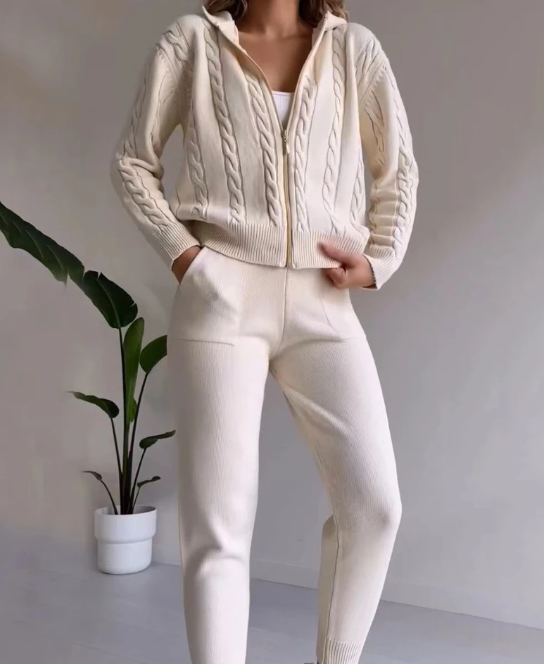 

Ленивый комплект из двух предметов для женщин, однотонные вязаные облегающие толстовки на молнии, повседневный комплект с высокой талией, повседневные городские облегающие брюки