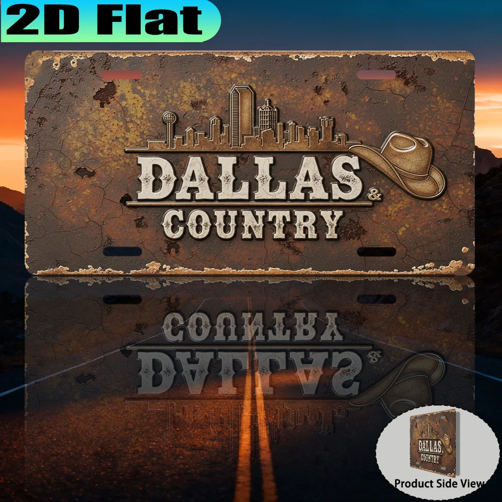 Pintura Metálica de Alumínio 2D Plana, Estilo Placa de Carro Vintage, com Cenário Urbano de Dallas e Chapéu de Cowboy Country, Decoração de Parede para Casa com Temática Western