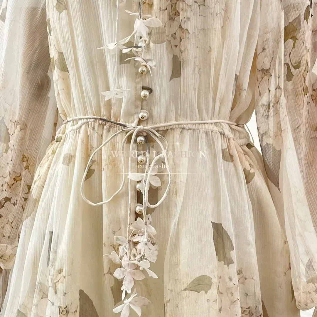 

High Quality White Floral Print Pleat Long Sleeve Jumpsuit