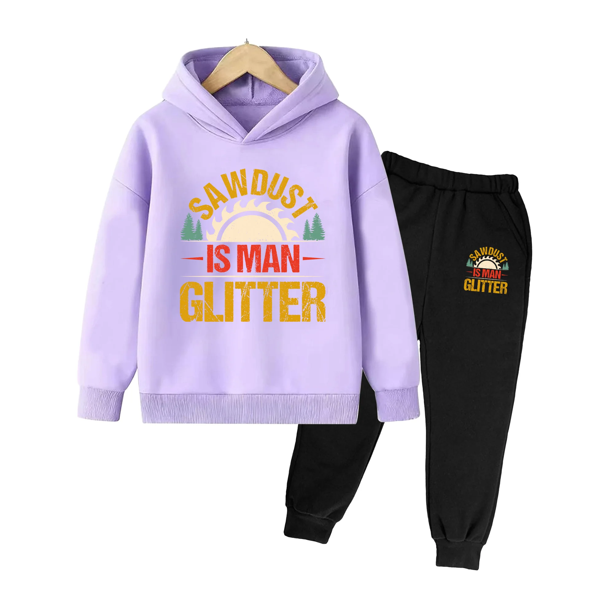 Kids Hoodie & Pants Set, SAWDUST IS MAN GLITTER Print Casual Outdoor Sportswear for Boys Girls