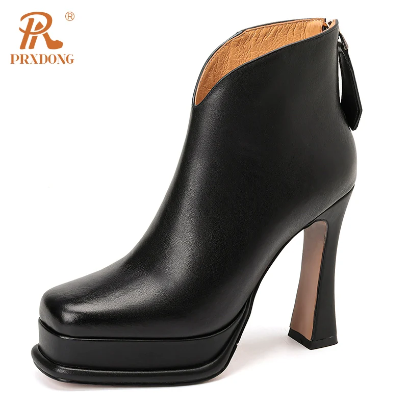 PRXDONG Genuine Leather Women's Shoes New Sexy High Heels Platform Autumn WInter Warm Ankle Boots Black Dress Office Lady Shoes