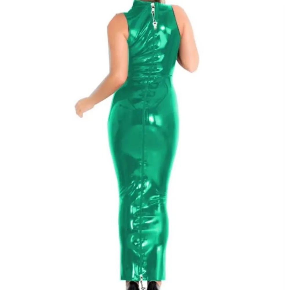 Plus Size Bodycon Shiny PVC Leather Full Zipper Lockable Dress Sexy Sleeveless Faux Latex Hobble Dress Fetish Over Sized Dress