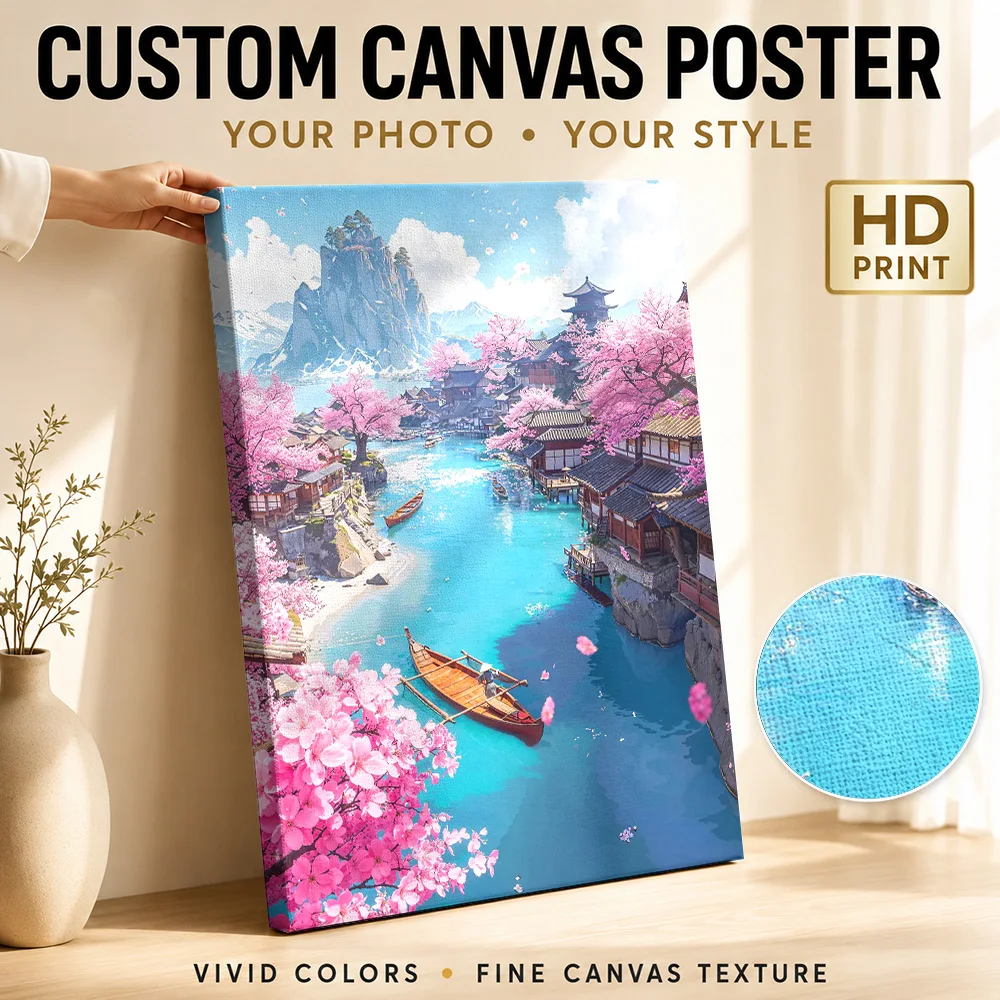 Sakura Fishing Village Canvas Painting Poster Customized Photo Japanese Inspired Wall Art for Office Decor Gift for Collectors