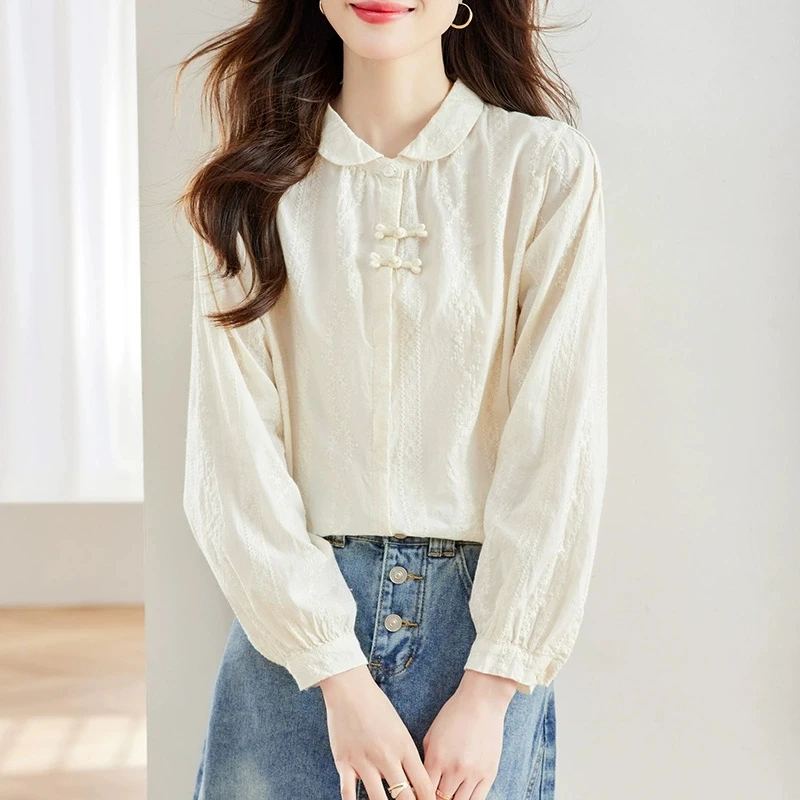 

Новинка 2025, китайская женская осенняя коллекция из чистого хлопка Long Sve irt с вышивкой на пуговицах, модная универсальная коллекция