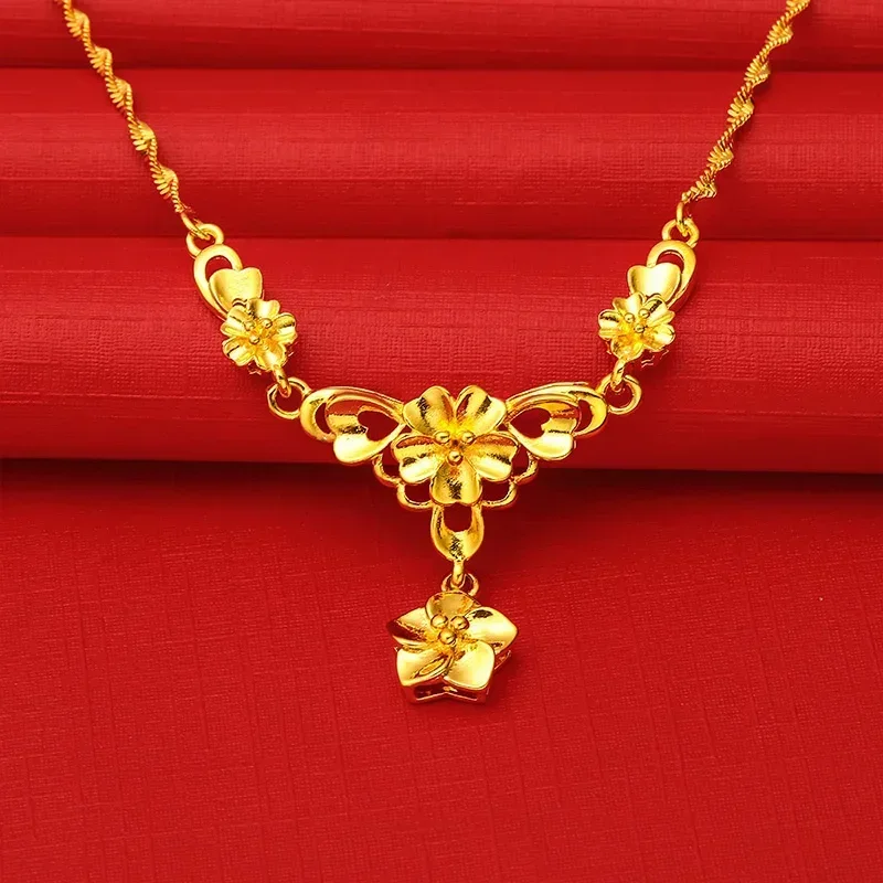 Collier de mariage en or véritable plaqué 100% pur pour femme, fenêtre, over18 carats, dragon, phénix, fleur, document de mariée, cadeau pour femme, 999