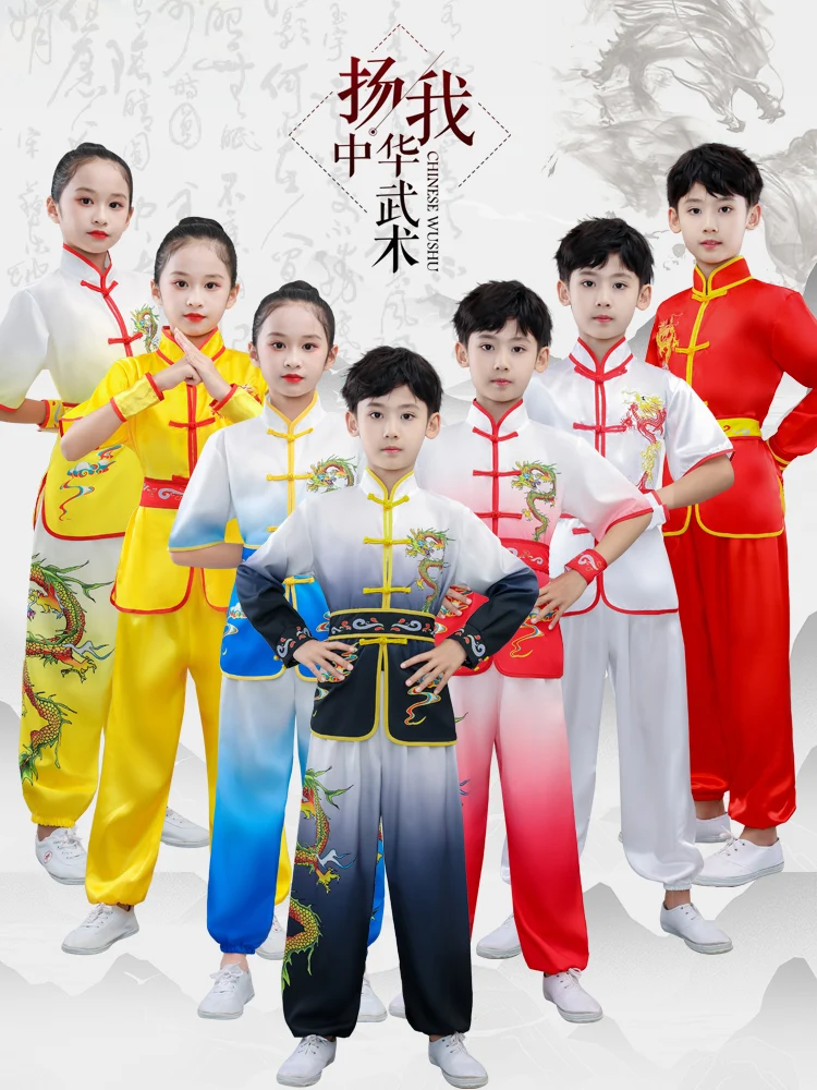 Conjunto de roupas Kungfu vintage para crianças, tai chi wushu, terno de artes marciais, uniforme kung fu, wing chun dragão Shaolin print, chinês, 2024