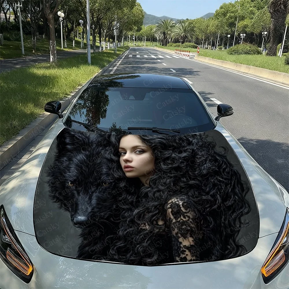 

Элегантная наклейка на капот автомобиля с женщиной с длинными черными волосами, подчеркивающая темно-черный волк. Идеально подходит для уникального декорования автомобиля.