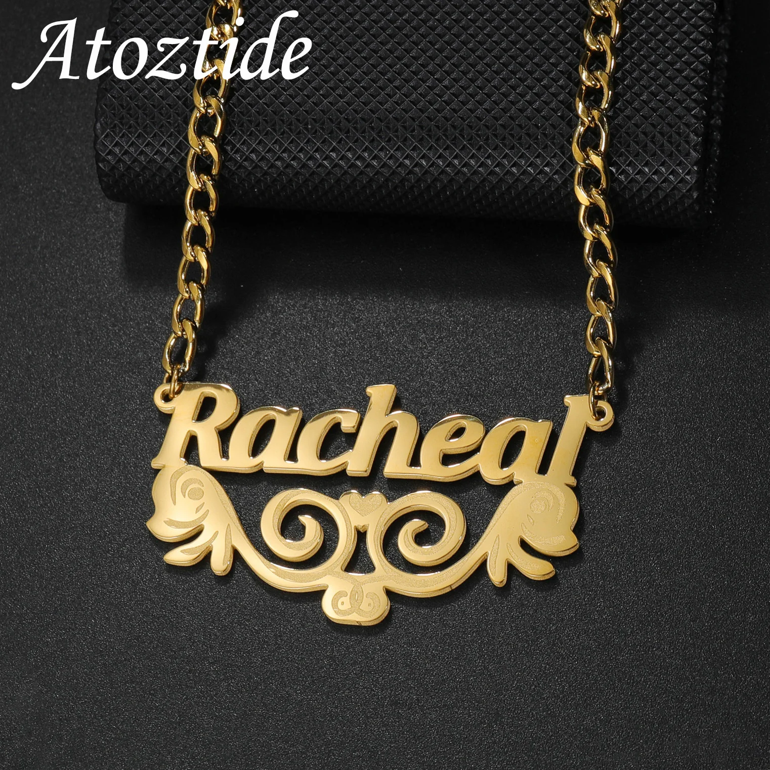 Atoztide Personalized Custom Name Necklace for Women Stainless Steel Nameplate Wing Heart Choker Cuban Chain Jewelry Gifts