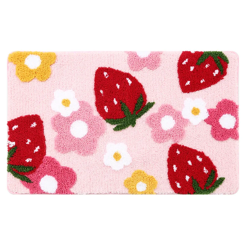 Cute Strawberry Flocking Bath Mat Pink Sweet Girls Home Decor Carpet Bedroom Rug Non-slip Absorbent Hallway Entrance Door Mat