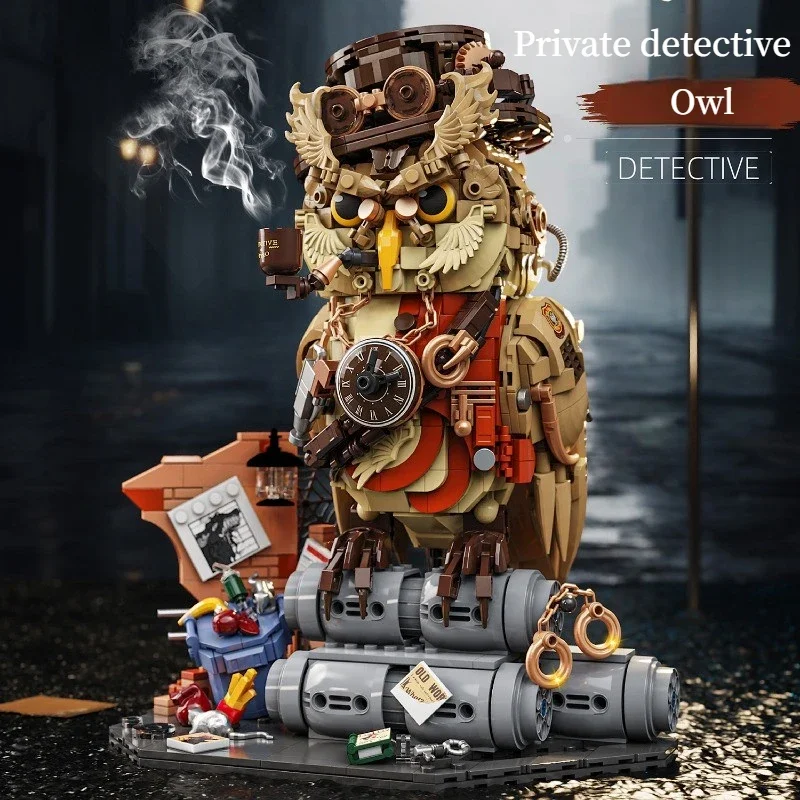 MOC Punk Detective Owl Model Building blocks Creative Animal Desktop Exquisite Ornaments Bricks Toy Gift For Children Adult