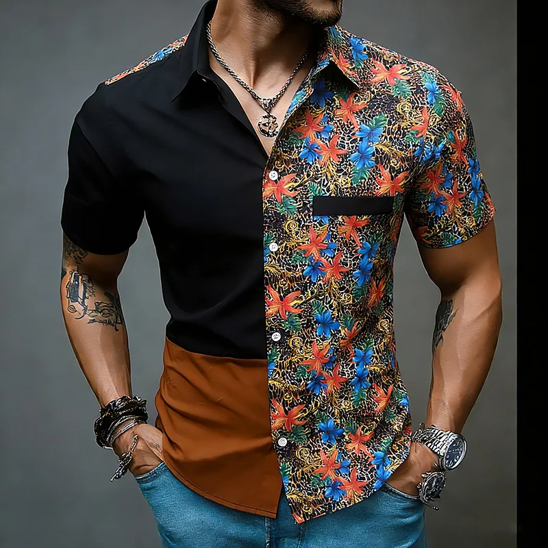 Male Hairstylist Nightclub Bottoming Shirt New Male Model Leopard Print Color Matching Trendy Men's Short-sleeved Shirt