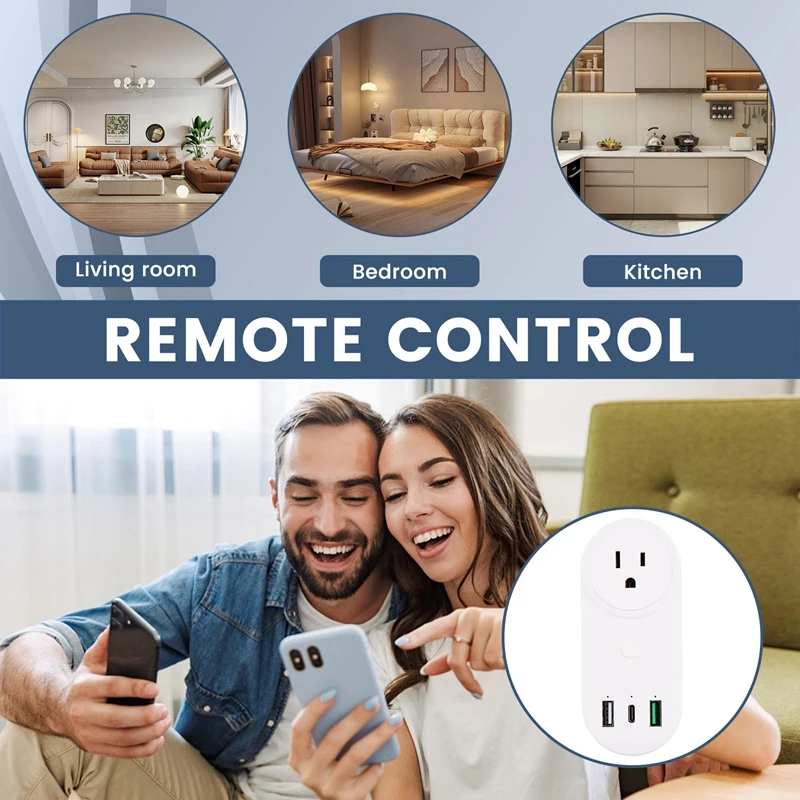 Smart Socket Wifi Plug 16A 2-Hole USB+Type-C Outlets 65W Remote Control Compatible Alexa US Plug