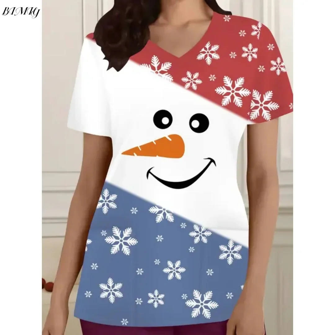 Праздничный рождественский уродливый топ с v-образным вырезом и карманами с принтом Санта-Клауса, удобная женская униформа медсестры, женская одежда с короткими рукавами